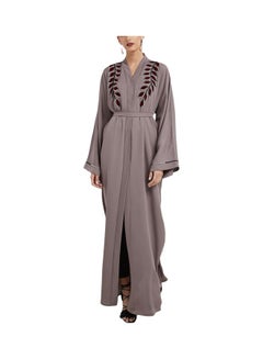 Buy Embroidered Pattern Abaya With Waist Belt Grey/Red in UAE