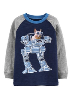 Buy French Bulldog Robot Printed Long Sleeves T-shirt Navy in Saudi Arabia