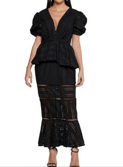Buy Peplum Schiffli Plunge Neck Puff Sleeve Dress Black in Saudi Arabia