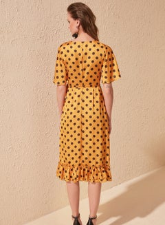 mustard polka dot wrap dress