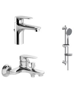 Buy 3-Piece Basin Mixer With Bath Mixer And Shower Rail Set Silver in Saudi Arabia