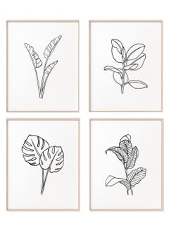 Buy 4-Piece Line Art Monstera Leaf Print Poster With Frame Set Black/White 21 x 30cm in UAE