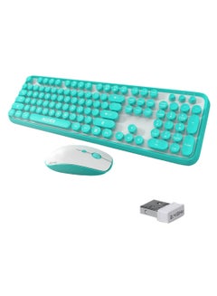 Buy Wireless Round Keycaps Retro Style Keyboard With Mouse And USB Receiver Turquoise/White in Saudi Arabia