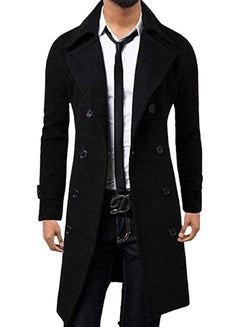 Buy Double Breasted Turn Down Collar Slim Woolen Overcoat Black in Saudi Arabia