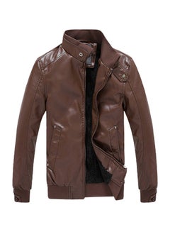Buy PU Leather Stand Collar Slim Fit Jacket Brown in UAE