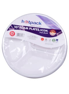 Buy 25-Piece Round Foam Plate 3Compartment Set White 25x10inch in UAE