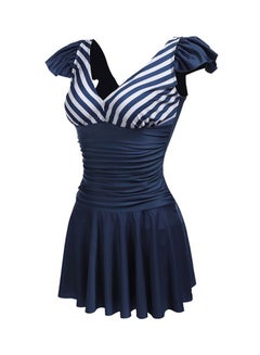 Buy Cap Sleeve Ruched Waist Striped Patchwork Swimwear Navy in Saudi Arabia