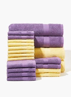 Buy 20-Piece Towel Set, 4 Bath Towels, 4 Hand Towels & 12 Face Towels, Quick Dry, Pure Cotton, 400 GSM Bright Violet + Lemon Zest in Saudi Arabia