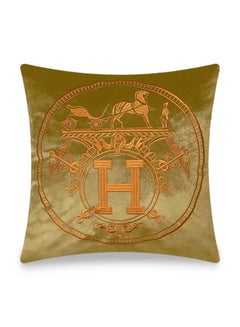 Buy H Letter Embroidered Cushion Cover Brown/Orange 45x45cm in UAE