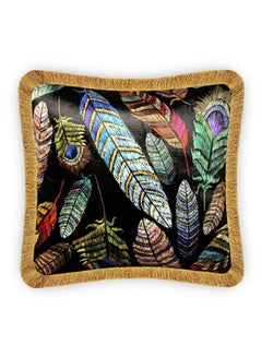 Buy Feather Embroidery Effect Velvet Printing Cushion Cover Multicolour 45x45centimeter in UAE