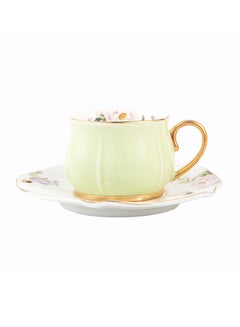 Buy 2-Piece Voguish Unique Gold Handle Small Five Leaf Cup And Saucer Light Green/White/Gold 115ml in Saudi Arabia