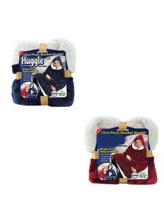 Buy Pack Of 2 Huggle Hoodie Ultra Plush Blankets Cotton Red/Blue/White 80 x 100centimeter in UAE