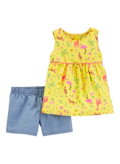 Buy 2-Piece Infant Girls Jungle Poplin Top & Chambray Shorts Set Yellow/Blue in Saudi Arabia