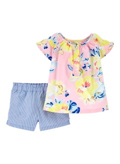 Buy 2-Piece Floral Poplin Top And Striped Shorts Set Multicolour in Saudi Arabia