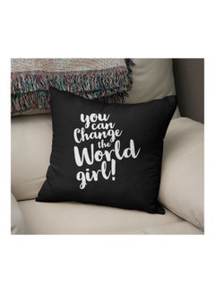 Buy You Can Change The World Girl Printed Decorative Pillow Black/White 16x16inch in Saudi Arabia