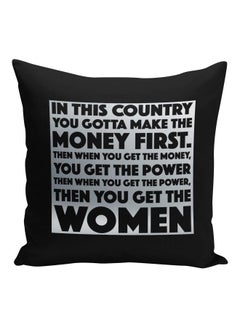 Buy Money First Quote Printed Decorative Pillow Black/Silver 16x16inch in UAE