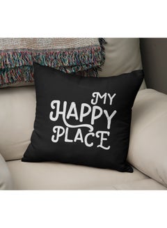 Buy My Happy Place Printed Decorative Pillow Black/Pearl White 16x16inch in UAE