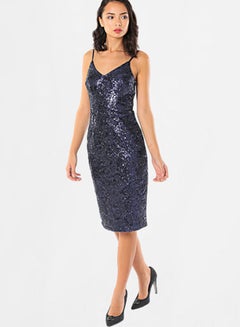 Buy Floral Embroidered Sequin Dress Navy in UAE