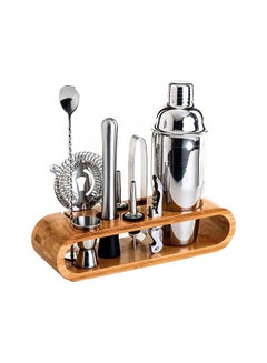 Buy 11-Piece Bar Tool Set with Stylish Bamboo Stand Silver 10centimeter in UAE
