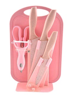 Buy 7-Piece Wheat Straw Kitchen Knife With Cutting Board Set Pink in UAE