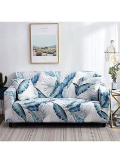 Buy Leaves Designed Four Seater Super Stretchable Anti-Wrinkle Slip Flexible Resistant Jacquard For Living Room Sofa Cover Blue/White/Grey in Saudi Arabia