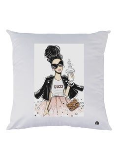 Buy Fashionable Girl Printed Decorative Throw Pillow White/Black/Brown 30x30cm in UAE