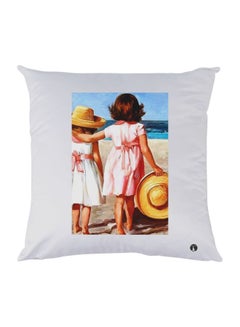 Buy Girls At Beach Printed Decorative Throw Pillow White/Blue/Beige 30x30cm in UAE