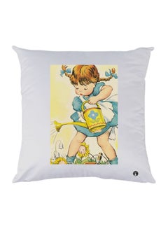 Buy Cartoon Girl Watering Flowers Printed Decorative Throw Pillow White/Blue/Brown 30x30cm in UAE