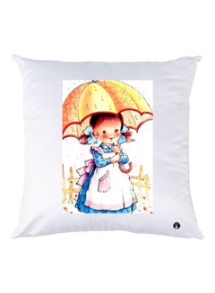 Buy Cartoon Girl Printed Throw Pillow White/Yellow/Blue 30x30cm in UAE