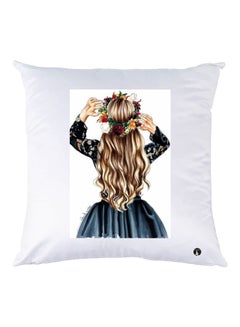 Buy Girl Printed Throw Pillow White/Blue/Brown 30x30cm in UAE