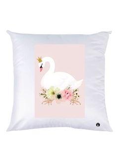 Buy Decorative  Swan And Floral Printed Throw Pillow White/Beige/Pink 30x30cm in UAE