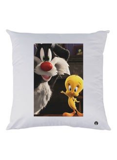 Buy Tweety Bird And Cat Printed Throw Pillow White/Black/Yellow 30x30cm in UAE