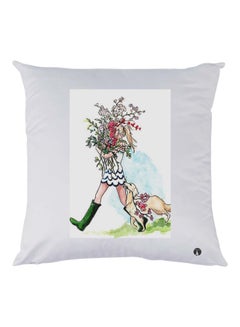 Buy Girl With A Dog Printed Cushion polyester White/Green/Beige 30x30cm in UAE