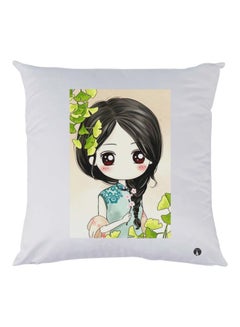 Buy Girl Printed Throw Pillow White/Green/Black 30x30cm in UAE