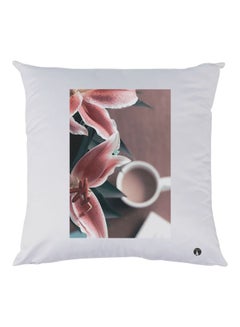 Buy Flower With Cup Printed Throw Pillow White/Brown/Dark Green 30x30cm in UAE