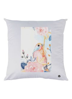 Buy Bird With Rose Printed Throw Pillow White/Pink/Yellow 30x30cm in UAE