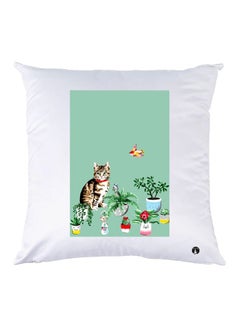 Buy Cat Printed Throw Pillow White/Green/Brown 30x30cm in UAE