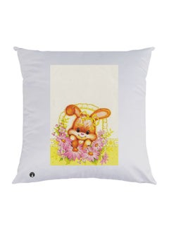 Buy Cartoon Bunny With Flowers Printed Decorative Throw Pillow White/Yellow/Brown 30x30cm in UAE