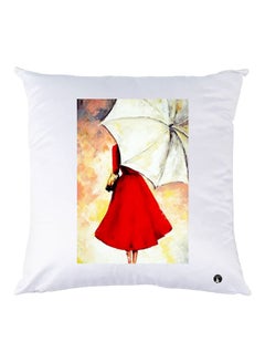 Buy Women With Umbrella Printed Throw Pillow White/Red/Brown 30x30cm in UAE