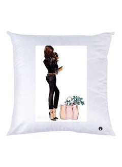 Buy Girl Printed Throw Pillow White/Black/Brown 30x30cm in UAE