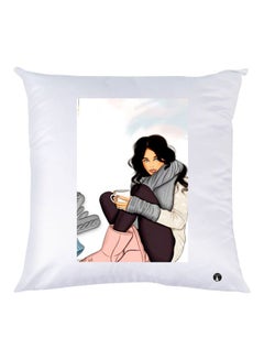 Buy Girl Printed Decorative Throw Pillow White/Black/Grey 30x30cm in UAE