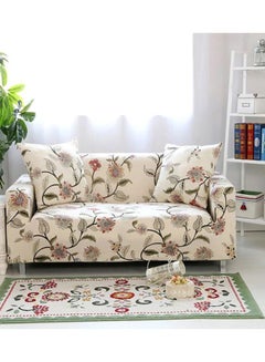 Buy Floral Printed Super Stretchable Anti-Wrinkle Slip Flexible Resistant Jacquard For Living Room Sofa Cover Cream/Green/Red XL in Saudi Arabia