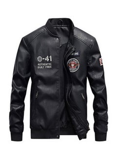 Buy Embroidered Badge Leather Jacket Black in Saudi Arabia