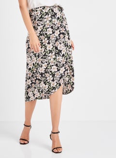 Buy Floral Print Wrap Midi Skirt Black in UAE
