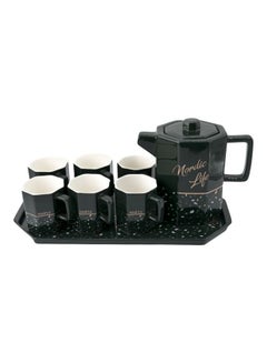 Buy 8-Piece Nordic Life Printed Tea Set Green/Gold/White 6x Tea Cups 250 ml, 1x Tea Pot 1 liter, 1x Tray 18 cm in Saudi Arabia