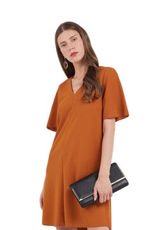 اشتري Short Sleeve V-Neck Dress Brown في السعودية