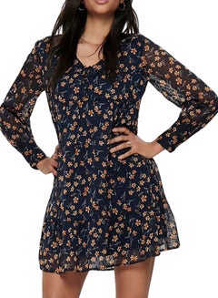 Buy Floral Frill Hem Long Sleeve Dress Navy Multi in Saudi Arabia