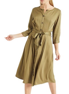 Buy Rhea Belted Button Down Dress Olive in UAE