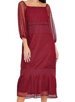 Buy Panelled Mesh Square Neck Dress Maroon in Saudi Arabia