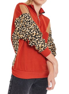 اشتري Zipper Detailed Leopard Print Sweatshirt Multicolour في السعودية